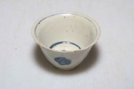 Tiny Chinese blue and white tea bowl with single character mark to base, 3.7cm high.