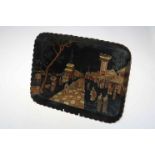 Japanese papier mache rectangular tray with raised fluted rim,