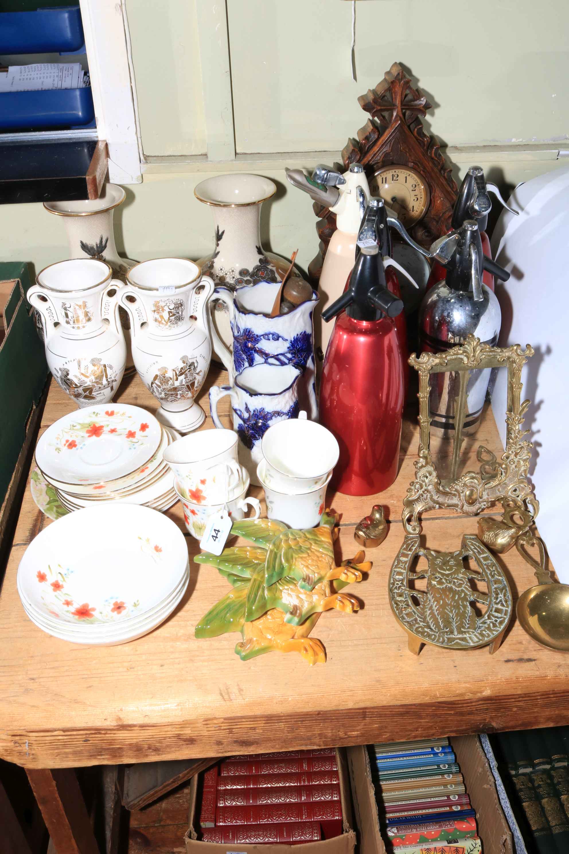 Soda siphons, carved barometer, clock, decorative porcelain, metalwares, etc.