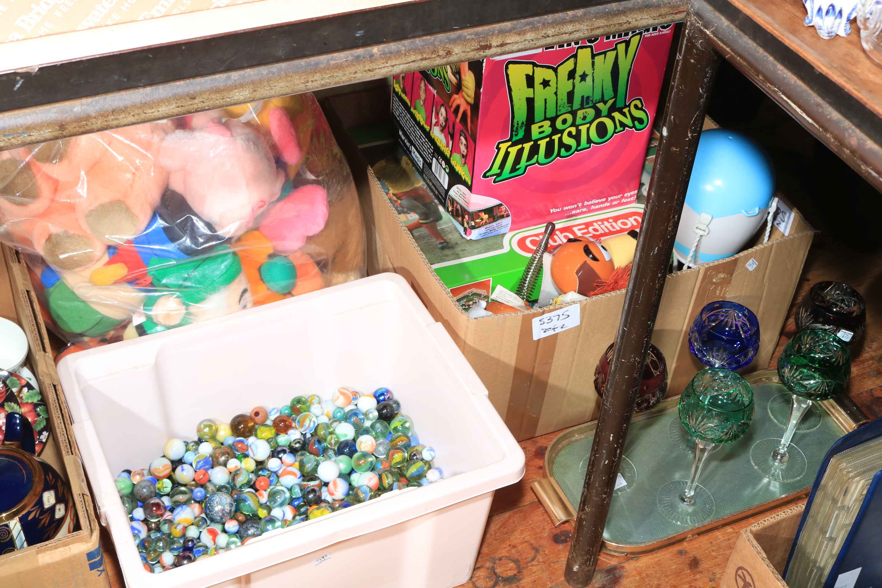 Box of marbles, Subbuteo, soft toys, coloured cut glass goblets, etc.