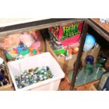 Box of marbles, Subbuteo, soft toys, coloured cut glass goblets, etc.