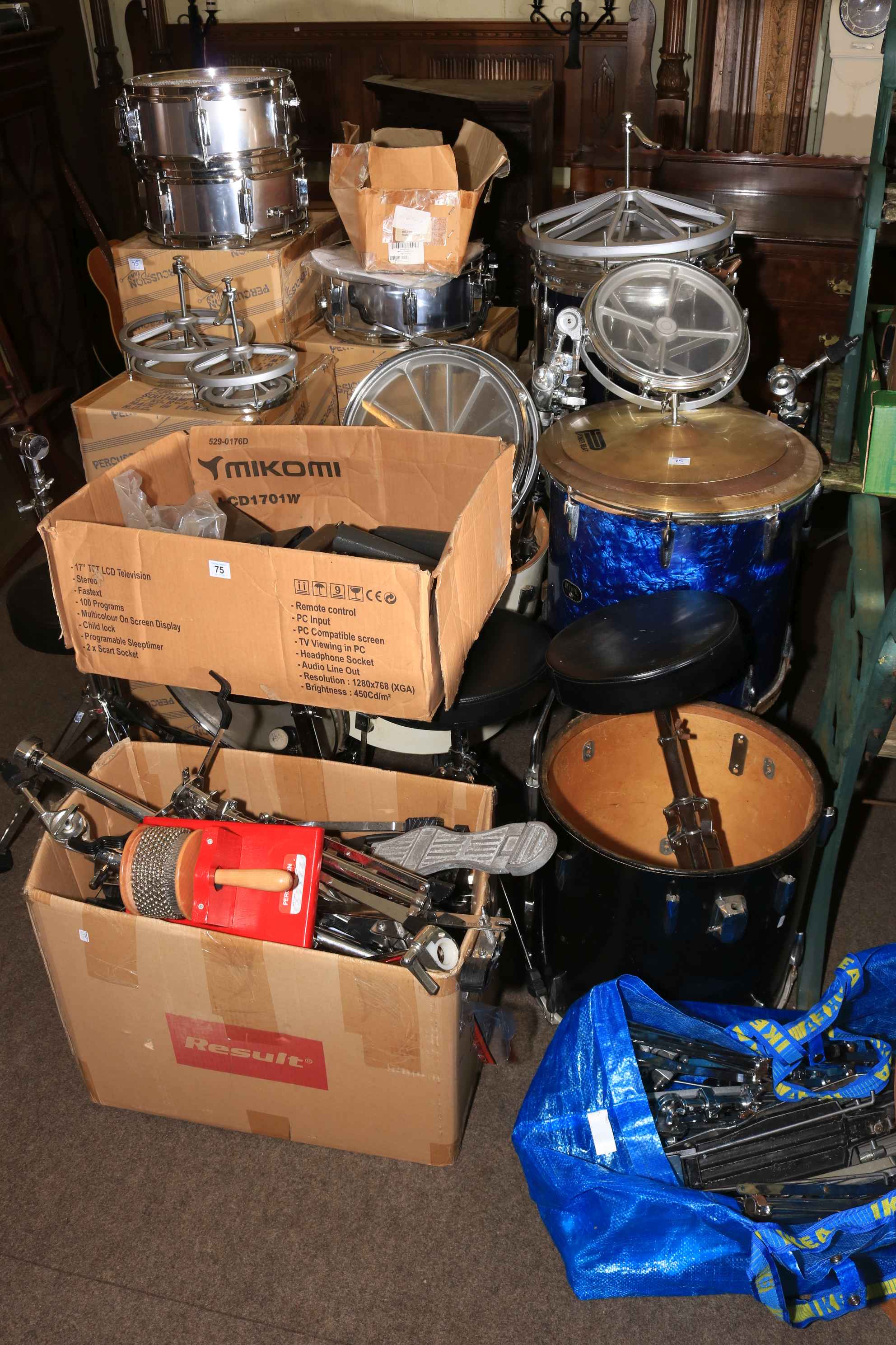 Collection of drums, stools, stands, etc.