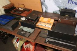 Collection of vintage measuring equipment, trunk, case, etc.