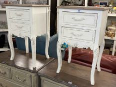 Pair French style limed oak and painted two drawer bedside tables, 67cm by 41cm by 31cm.