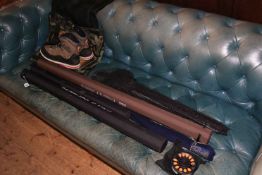 Fishing rods, reels, waders, including salmon rods by Hardy, trout fly rod,