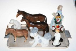 Lladro girl, dog and polar bear, two Beswick horses and donkey,