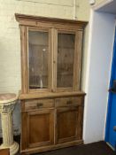 Victorian pine glazed door top cabinet bookcase, reeded column pedestal and spinning wheel (3).