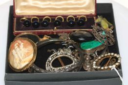 Box of jewellery including large cameo brooch, silver hat pin, brooches, etc.