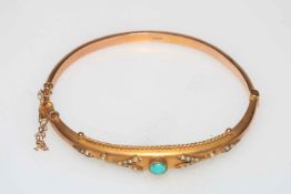 Chester hallmarked 9 carat gold part matt bangle set with seed pearls and turquoise, 1912.