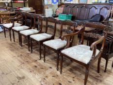 Set of six mahogany bar back dining chairs on fluted legs including pair carver chairs,