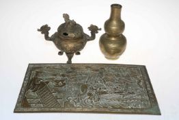 Three pieces of Chinese brass, censor, vase and plaque.