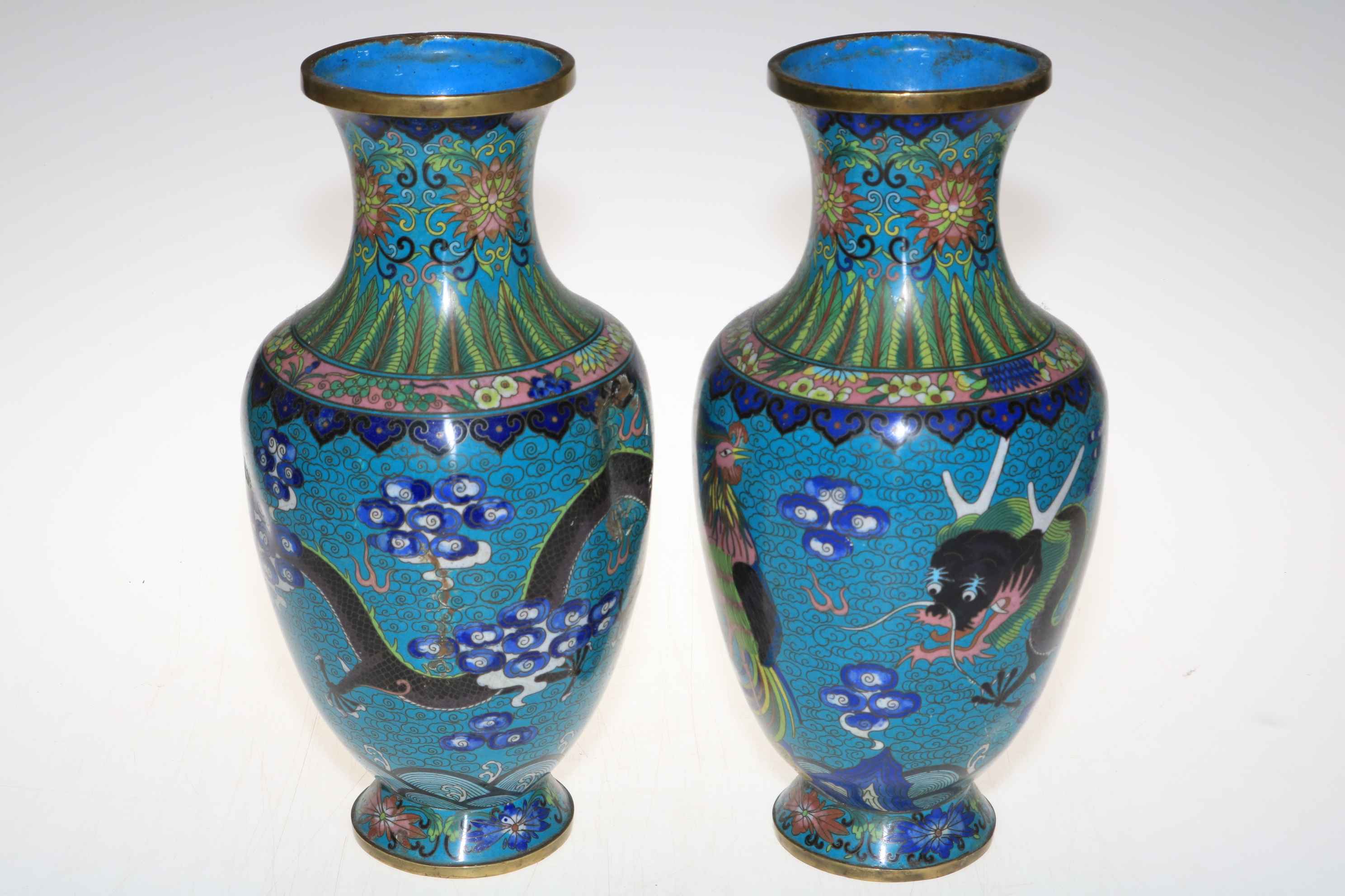 Large pair of Cloisonné vases with dragon and floral design, 32cm high.