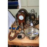 Collection of silver plated wares, pewter, Edwardian mantel clocks, mounted antlers, etc.