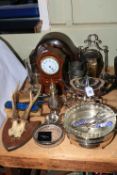 Collection of silver plated wares, pewter, Edwardian mantel clocks, mounted antlers, etc.