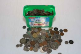 Box of assorted coins and tokens.