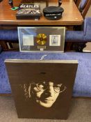 Beatles memorabilia including John Lennon Imagine gold record, canvas, Failsworth beret hat,