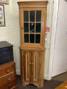 Pine glazed panel top double corner cabinet, 198cm.