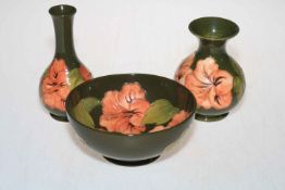 Moorcroft bowl, 8cm, vase, 14cm, and stemmed vase, 16cm,