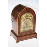 Edwardian mahogany inlaid mantel clock with ornate gilt and silvered dial, 33cm high.