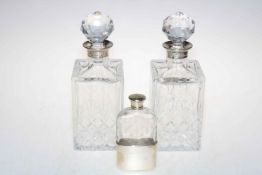 Pair silver collared crystal spirit decanters, Birmingham 1978,