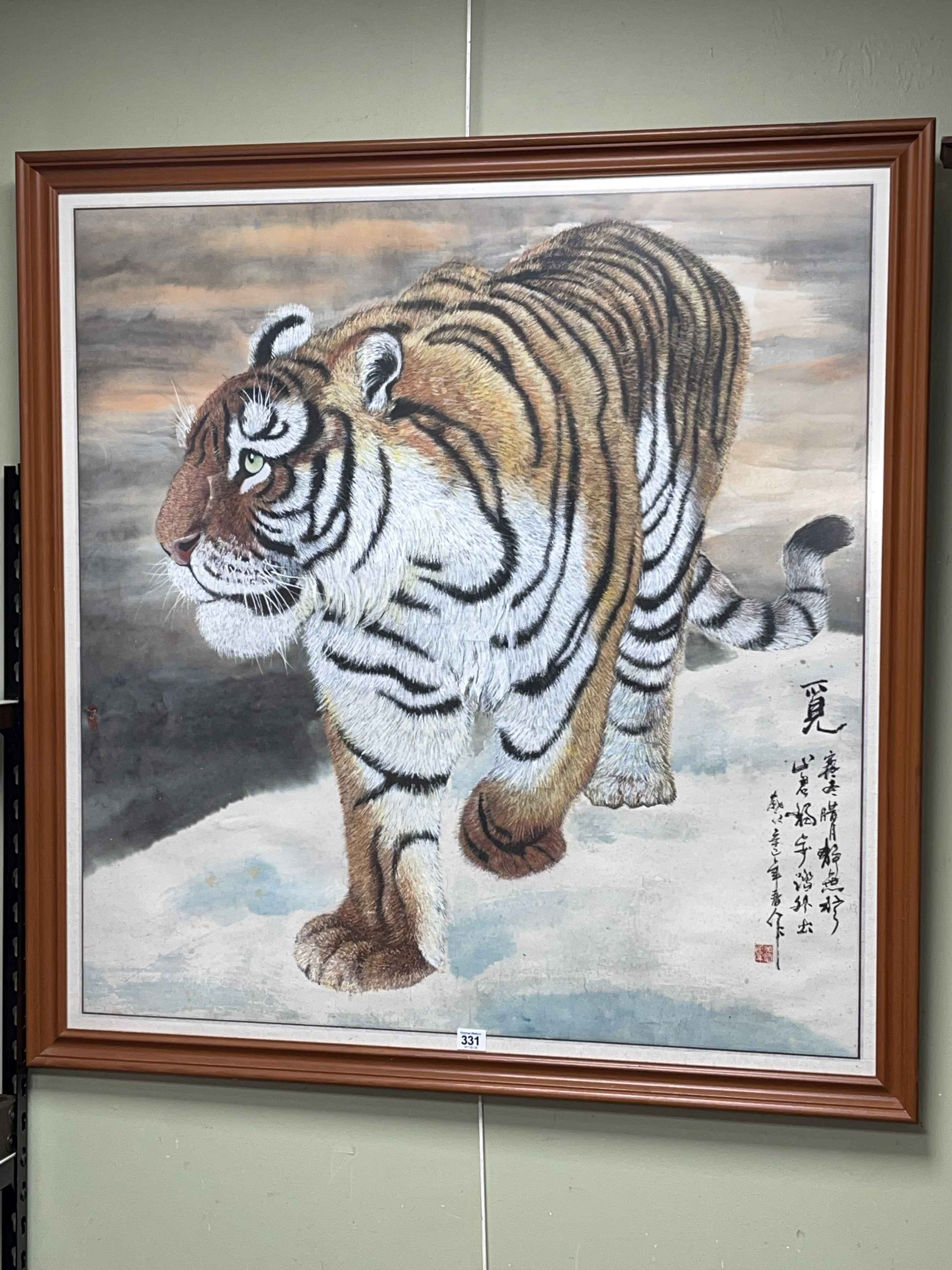 1920's Chinese painting of a tiger, 100cm by 96.5cm including frame.
