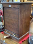 Early 20th Century mahogany tambour front table top filing cabinet, 54cm by 37cm by 31cm.