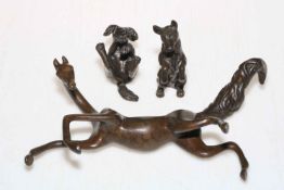 Collection of three signed bronze animals including horse and two dogs.