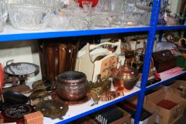 Collection of brass and copper wares including coal bucket, jelly mould, planters, walking canes,