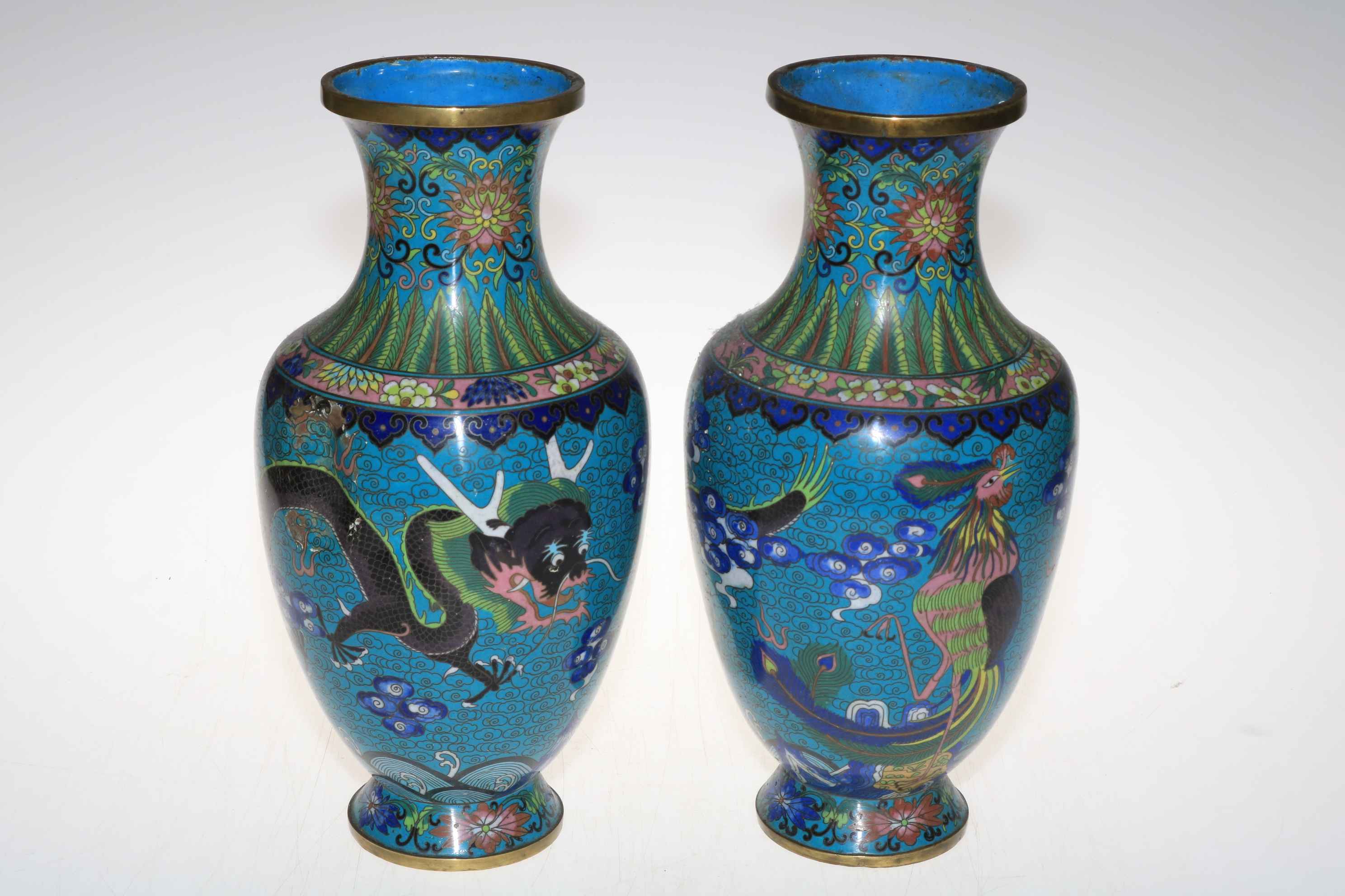 Large pair of Cloisonné vases with dragon and floral design, 32cm high. - Image 2 of 2