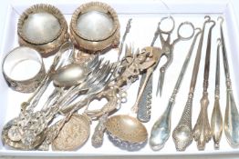 Collection of silver and EP including silver handled button hooks, Continental flatware,