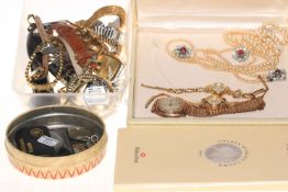 Three 9 carat gold wristwatch, various watches, coins, pearls, etc.