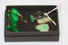 Jade drop earrings, two Buddha pendants and ring (4).