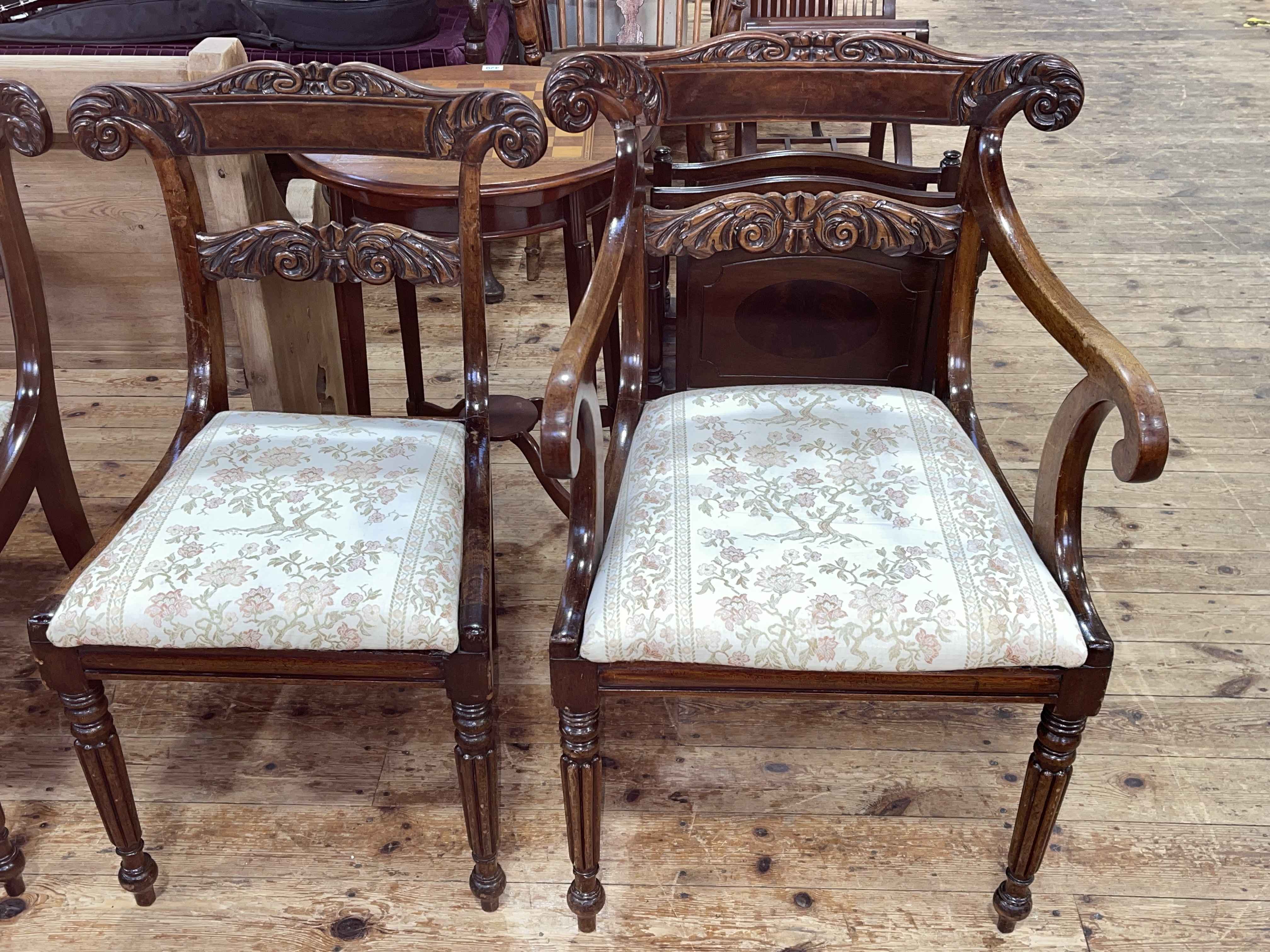 Set of six mahogany bar back dining chairs on fluted legs including pair carver chairs, - Image 2 of 2