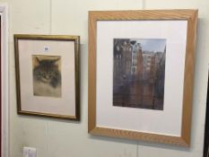 Two signed watercolours by Sakina Jones, Moonlit Buildings and Cat Portrait.