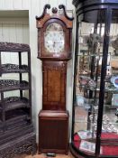 Antique oak and mahogany 30 hour longcase clock having painted arched dial, signed Morrell, Whitby,