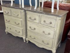 Pair French style shaped front and painted four drawer chests, 83cm by 77cm by 42cm.