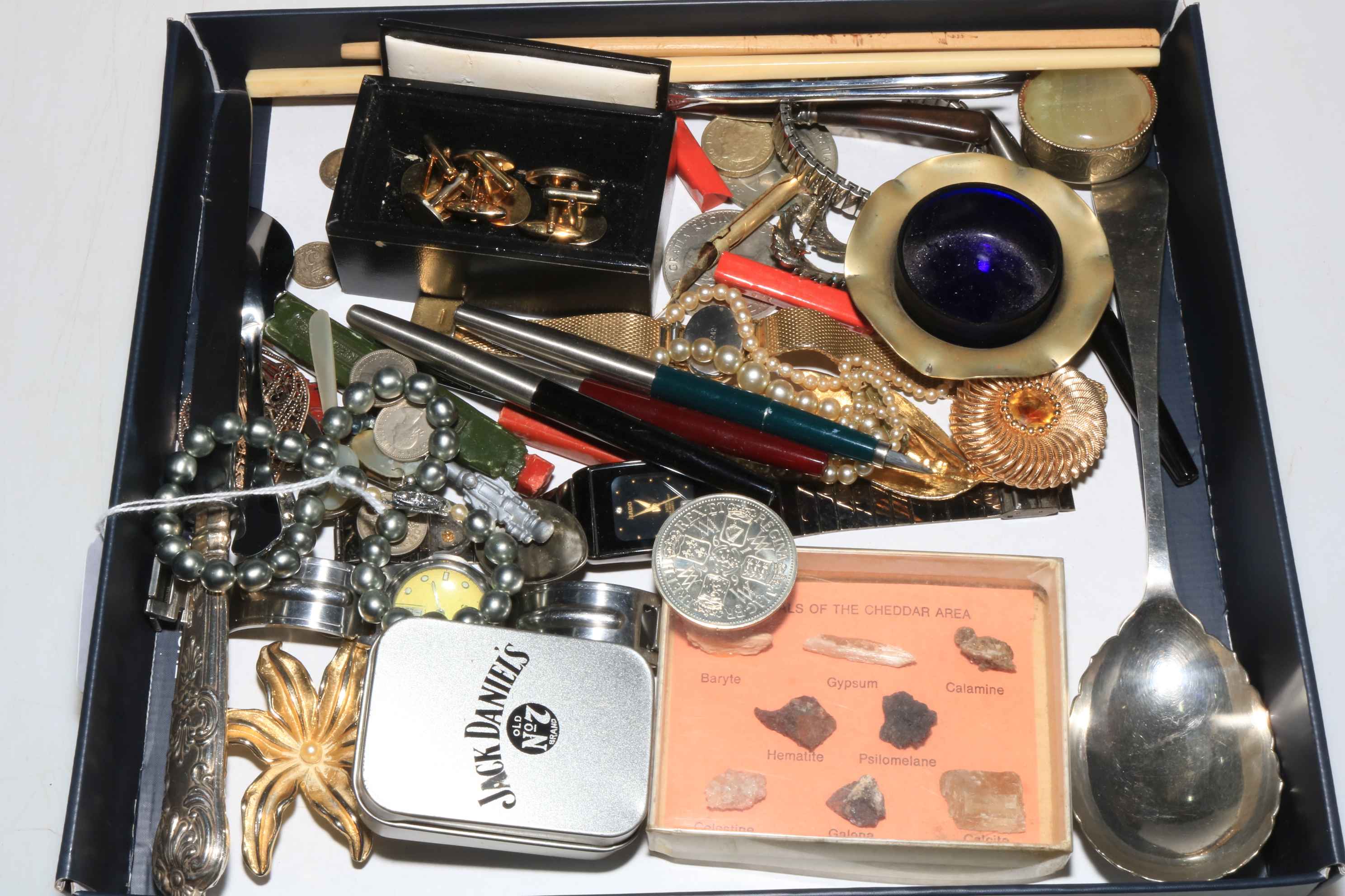 Collection of costume jewellery, pens, etc.