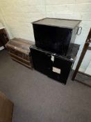 Vintage canvas and wood bound dome top trunk, tin deed box and two door office cabinet (3).