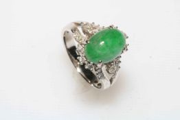 Jade, diamond and white gold ring, size R/S.