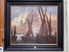 J. Eatock, Thames Barges, oil on board, signed lower left, 62cm by 75cm, framed.