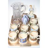 Heavy cut glass jug, Royal Doulton Goose Girl figure, mother of pearl jewellery box,