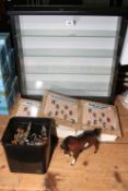 Del Prado toys, Men at War magazines, display case and a Beswick horse.