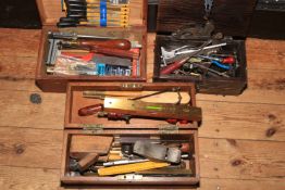 Three small boxes of various tools including planes, spoke shaves, gauges, etc.