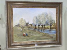 C.G. Tuesley, Figures in a River Landscape, oil on board, signed lower right, 45cm by 58.