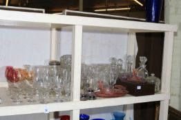 Large collection of glass including coloured, comports, vanity sets, babycham glasses, etc.