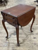 Victorian mahogany drop lead work table having two shallow drawers above a deeper sewing drawer on