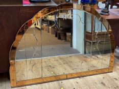 Art Deco shaped top marginal two tone overmantel mirror, 98cm by 140cm.