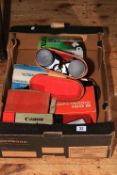Box of various cameras and Ajax 10x50 binoculars with case.