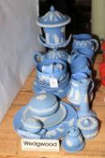 Collection of Wedgwood Blue Jasperware including two handled lidded vase, teapot, etc.