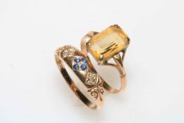 Sapphire and diamond 9 carat gold ring, and citrine ring (2).